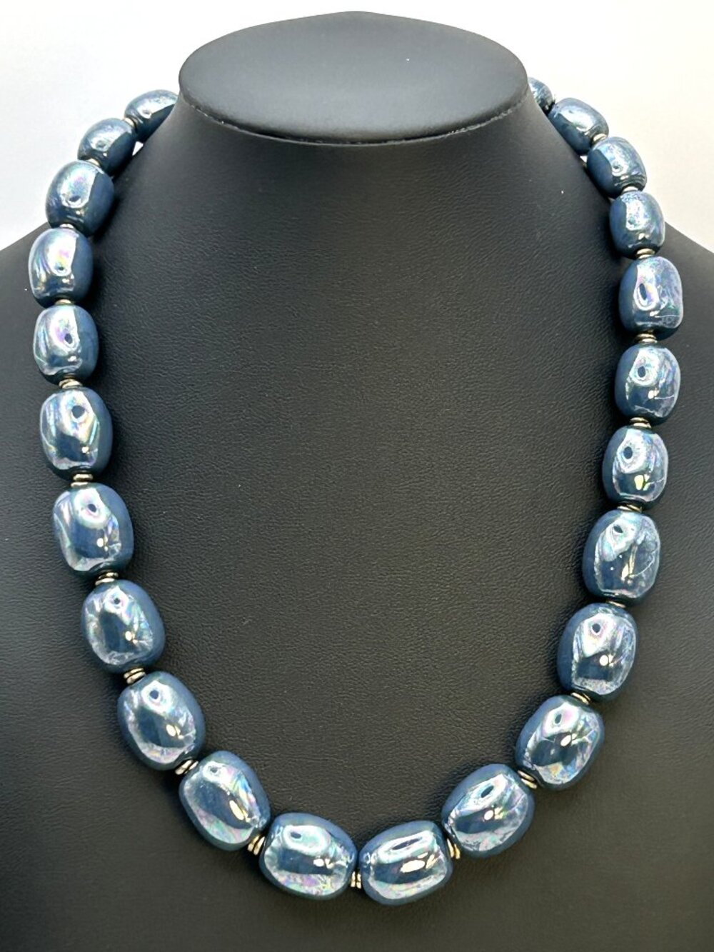 Vintage Iridescent Blue Peacock Glazed Ceramic Bead Necklace 100g 18”